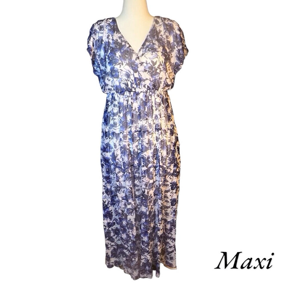 Torrid Blue White Boho Tiered Floral Maxi Dress 1X Cap Sleeves Fully Lined 118